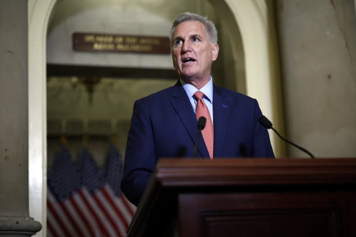 House Speaker Kevin McCarthy (R-Calif.) announces an impeachment inquiry against President Joe Biden to members of the news media outside his office at the U.S. Capitol in Washington on Sept. 12, 2023. (Chip Somodevilla/Getty Images)