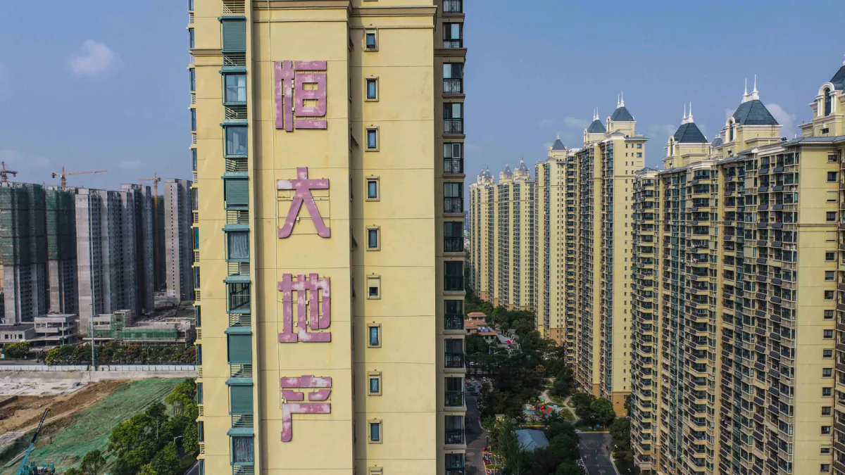 A housing complex by Chinese property developer Evergrande in Huaian, in China's eastern Jiangsu Province, on Sept. 17, 2021. (STR/AFP via Getty Images)