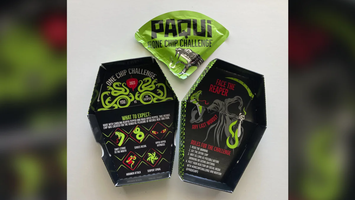 A package of the Paqui OneChipChallenge spicy tortilla chip is seen in Boston on Sept. 7, 2023. (Steve LeBlanc/AP Photo)