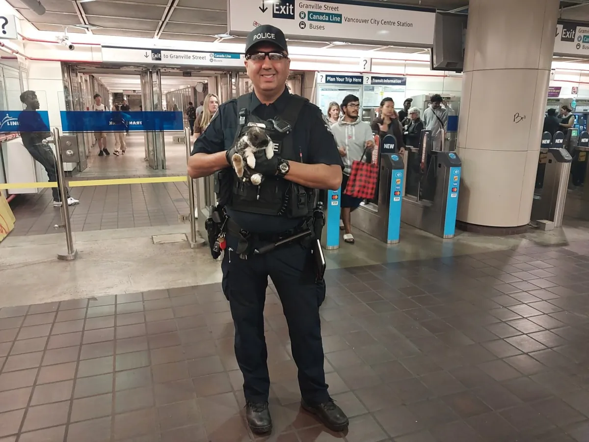 Vancouver transit police reunite a support rabbit with her owner who says the bunny jumped the tracks as she was boarding a train on Aug. 31, 2023 (The Canadian Press/HO, Metro Vancouver Transit Police)