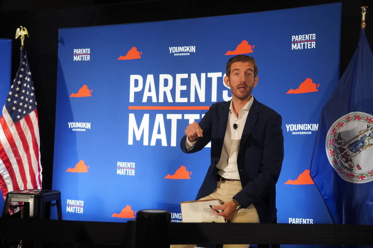 Juan Pablo Segura, the Republican candidate for Virginia's 31st Senate District seat, speaks at a "Parents Matter" townhall hosted by Virginia Gov. Glenn Youngkin in Leesburg, Va., on Sept. 12, 2023. (Terri Wu/The Epoch Times)