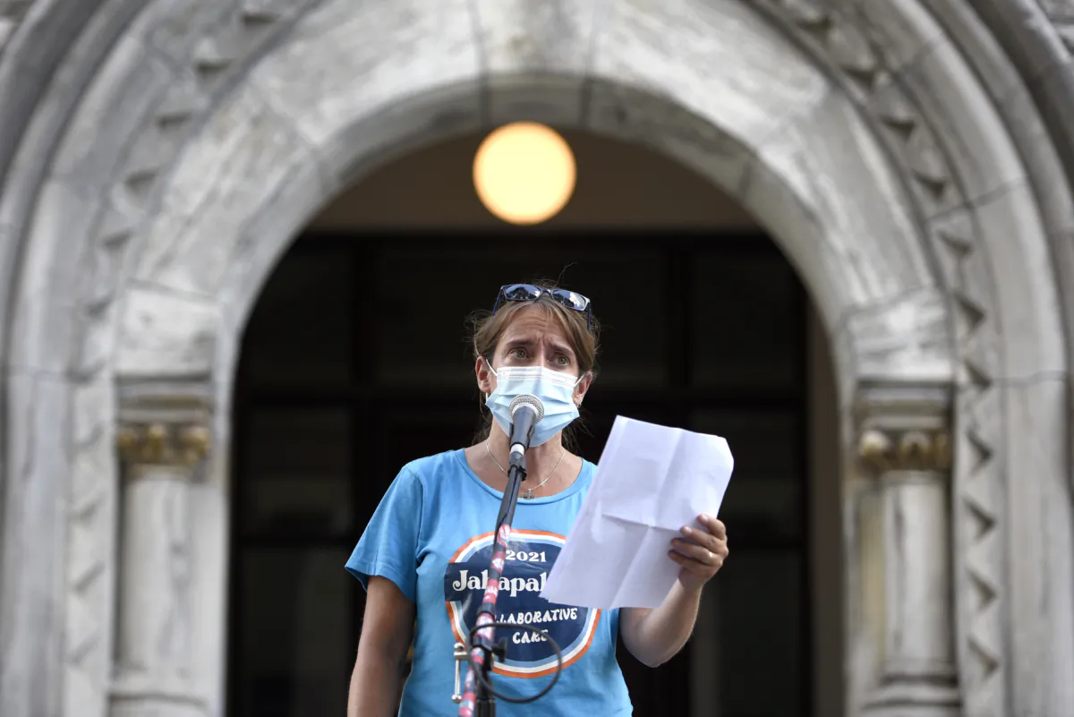 Dr. Nili Kaplan-Myrth, an Ottawa family doctor who hosted several pop-up COVID-19 vaccination clinics, speaks during SafetyPalooza, a rally calling on Ontario to adopt a provincial COVID-19 vaccine mandate, in Ottawa, on Aug. 22, 2021. (Justin Tang/The Canadian Press)