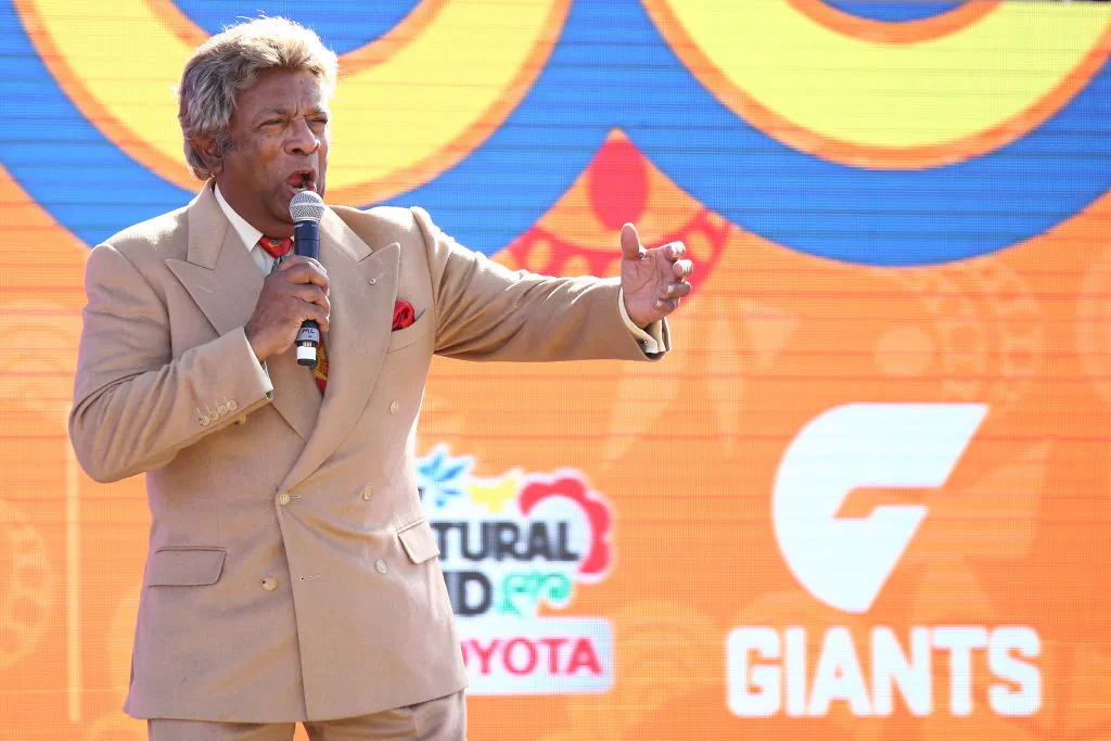Kamahl performs during the Multicultural round during the round 19 AFL match between the Greater Western Sydney Giants and the Fremantle Dockers at Spotless Stadium on July 29, 2017 in Sydney, Australia. (Photo by Cameron Spencer/Getty Images)