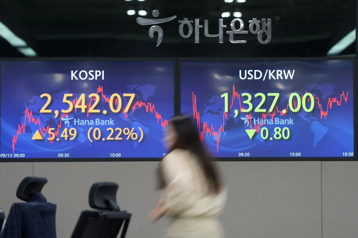 An employee of a bank walks by the screens showing the Korea Composite Stock Price Index (KOSPI), (L), and the foreign exchange rate between U.S. dollar and South Korean won at a foreign exchange dealing room in Seoul, South Korea, on Sept. 13, 2023. (Lee Jin-man/AP Photo)