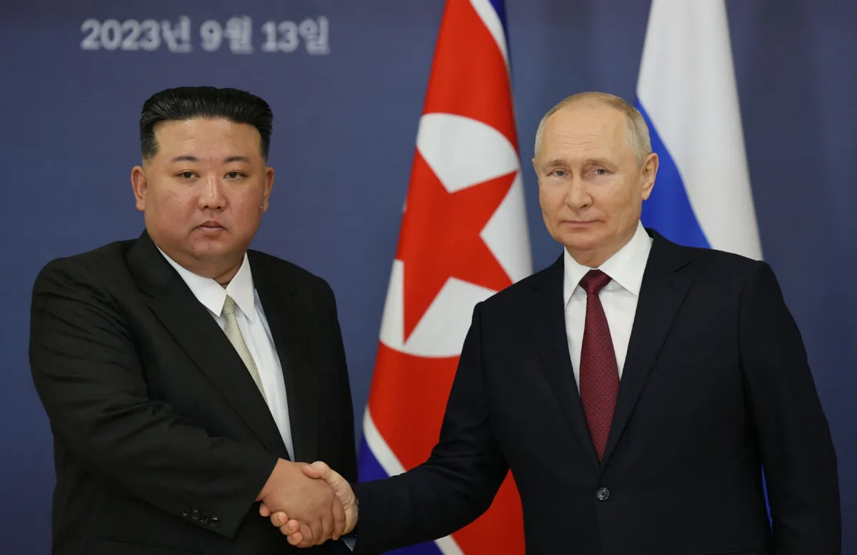 Russian President Vladimir Putin and North Korean leader Kim Jong Un meet at the Vostochny Cosmodrome in Amur region on Sept. 13, 2023. (Vladimir Smirnov/Pool/AFP via Getty Images)