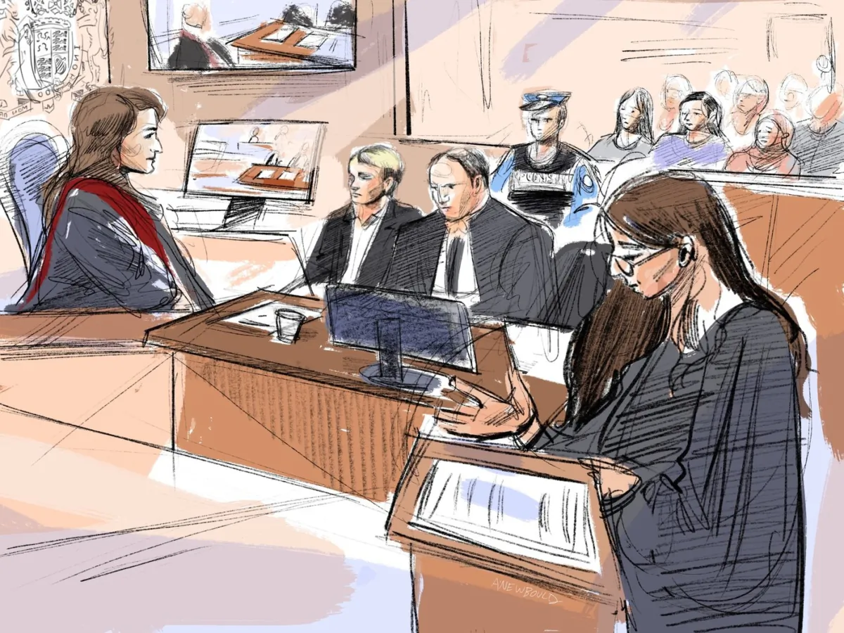 (L–R) Justice Renee Pomerance, Nathaniel Veltman, defence counsel Peter Ketcheson and federal prosecutor Sarah Shaikh attend court at Veltman's trial in Windsor, Ont., on Sept.11, 2023. (The Canadian Press/Alexandra Newbould)