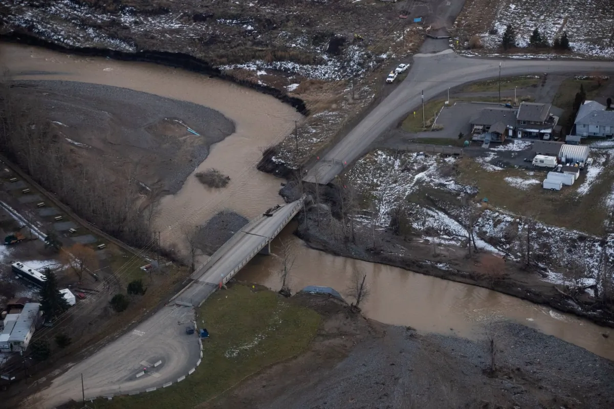A collapsed section of bridge destroyed by severe flooding is seen in Merritt, B.C., in an aerial view from a Canadian Forces reconnaissance flight on Nov. 22, 2021. (The Canadian Press/Darryl Dyck)