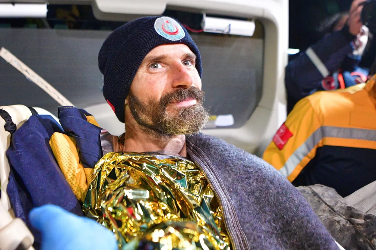 American researcher Mark Dickey is carried in a stretcher after being pulled out of Morca cave near Anamur, south Turkey, on Sept. 12, 2023. (Mert Gokhan Koc/Dia Images via AP)