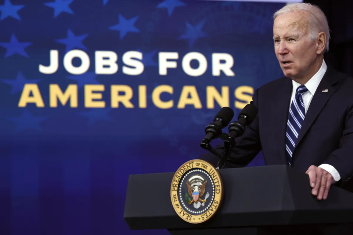President Joe Biden speaks at the Eisenhower Executive Office Building about the latest jobs report on Feb. 3, 2023. (Chip Somodevilla/Getty Images)