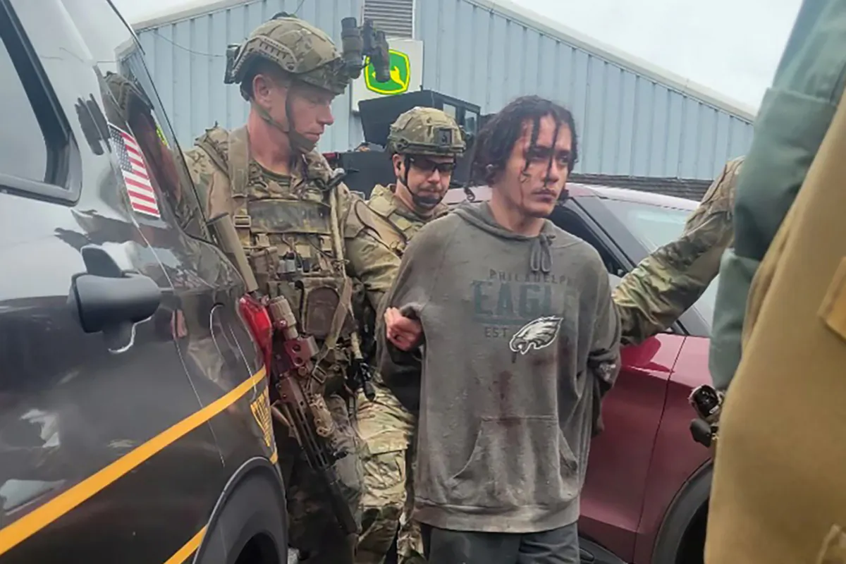 Escaped fugitive Danelo Cavalcante, 34, a Brazilian who escaped from Chester County Prison, is taken into custody by law enforcement officers in Chester County, Pa., on Sept. 13, 2023. (Pennsylvania State Police/Handout via Reuters)
