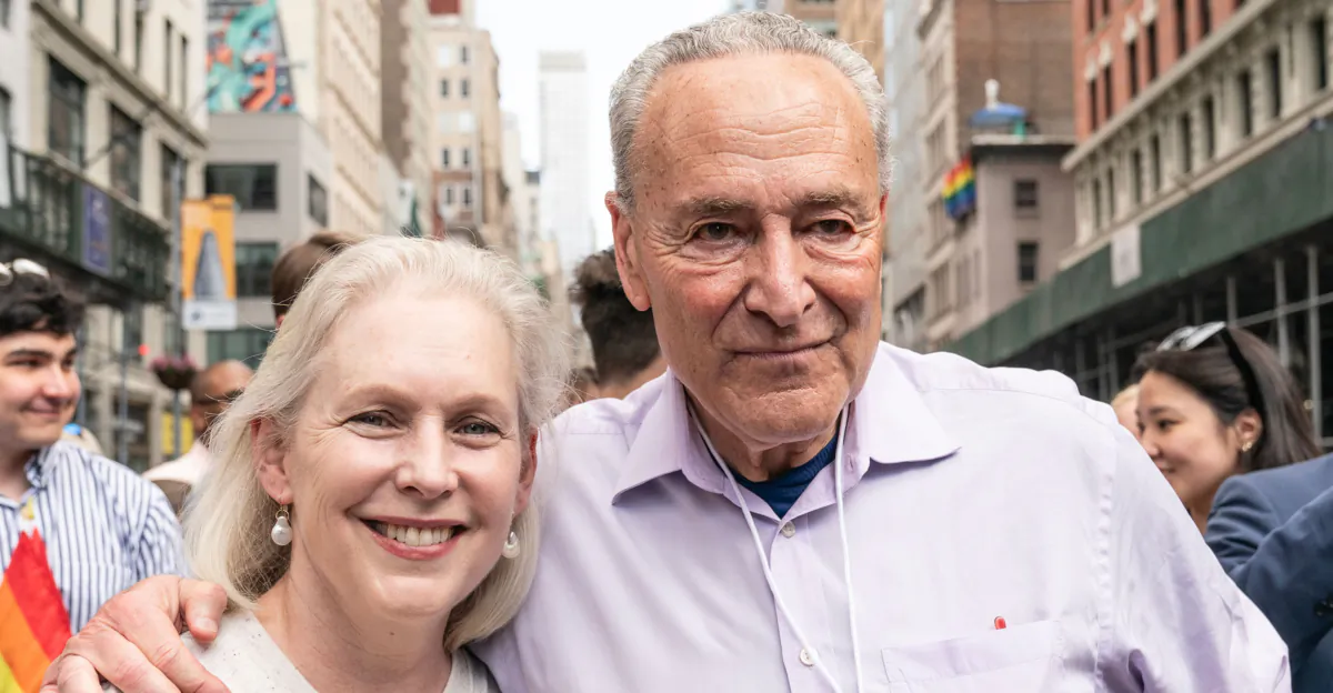 Sens. Kirsten Gillibrand and Chuck Schumer (both D-N.Y.) attend the 2023 New York City "Pride" March on Fifth Avenue in Manhattan on June 25. They are co-sponsors of a spending earmark to dish out $1 million to the WE ACT for Environmental Justice organization. (Lev Radin/Pacific Press/Light Rocket/Getty Images)