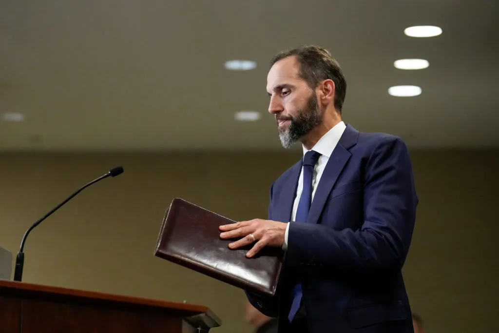 Special Counsel Jack Smith arrives to remarks on a recently unsealed indictment including four felony counts against former U.S. President Donald Trump on August 1, 2023 in Washington, DC. Trump was indicted on four felony counts for his alleged efforts to overturn the 2020 election. (Drew Angerer/Getty Images)