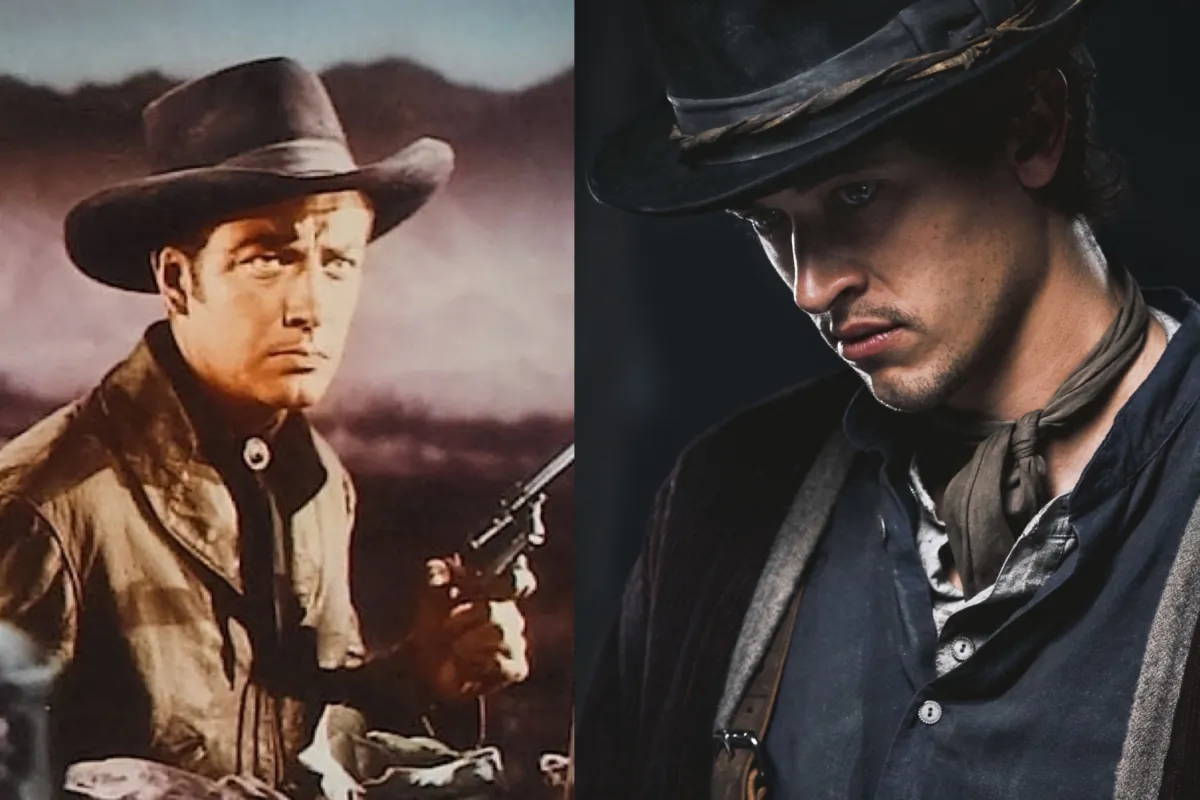 (L) Cropped lobby card for the 1941 film "Billy the Kid" starring Robert Taylor. (MovieStillsDB); (R) Publicity still for the 2022 series "Billy the Kid" starring Tom Blyth. (MovieStillsDB)