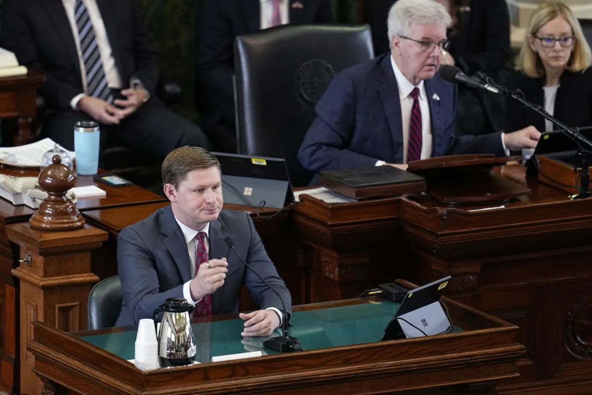Witness Drew Wicker, Texas Attorney General Ken Paxton's former personal assistant (left), testifies during the impeachment trial for Mr. Paxton in the Senate Chamber at the Texas Capitol in Austin, Texas, on Sept. 13, 2023. (Eric Gay/AP Photo)