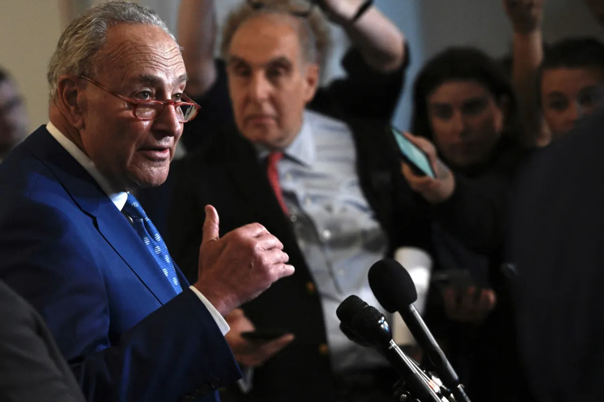 Senate Majority Leader Chuck Schumer speaks to the press after a Senate bipartisan Artificial Intelligence (AI) Insight Forum at the U.S. Capitol in Washington on Sept. 13, 2023. (Andrew Caballero-Reynolds/AFP via Getty Images)