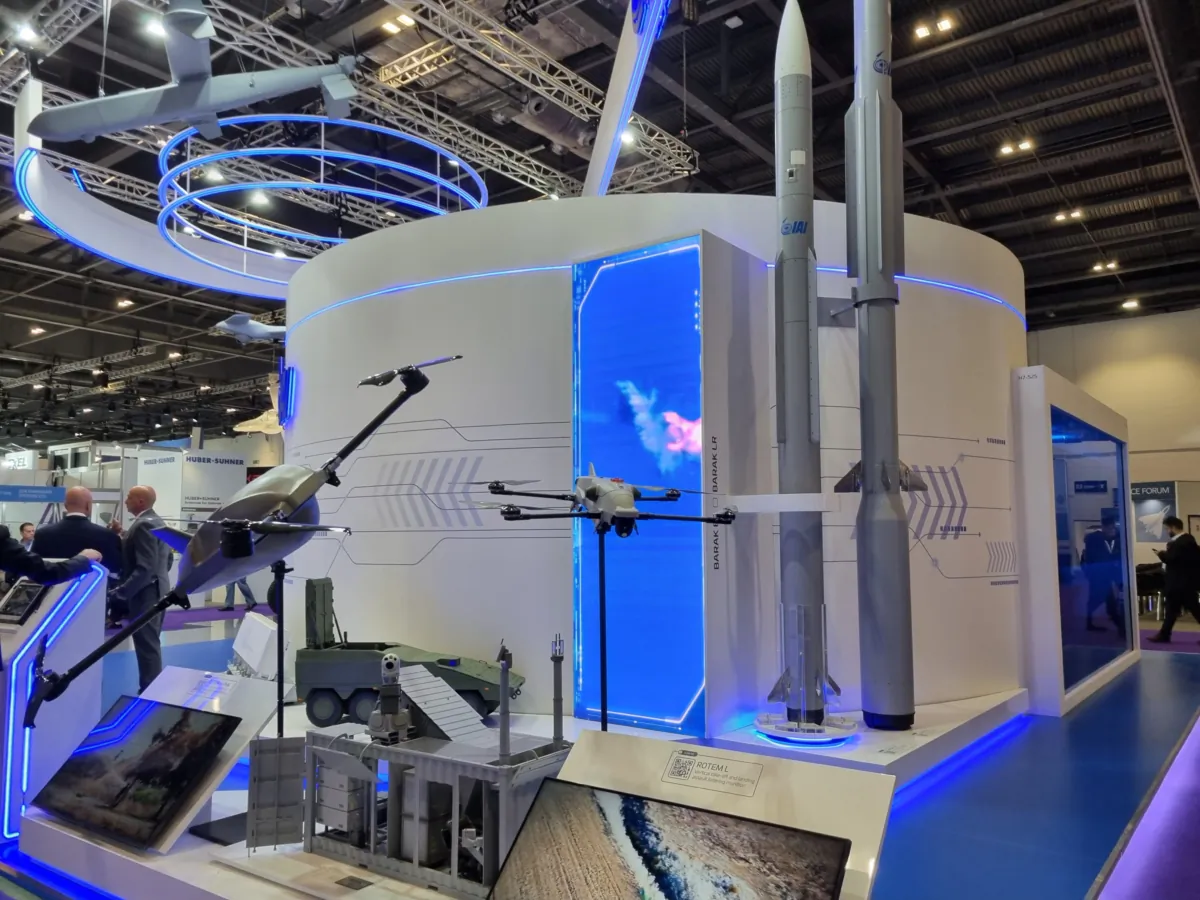 Drones and "loitering missiles" on show at IAI's stand at ExCel in London on Sep. 12, 2023. (Chris Summers/The Epoch Times)