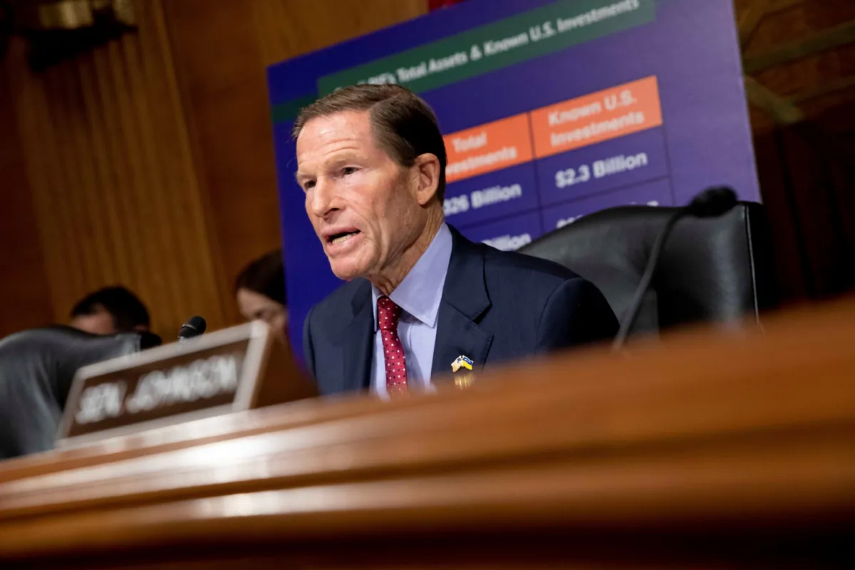 Committee chairman Sen. Richard Blumenthal, D-Ct., speaks during a homeland security and governmental affairs subcommittee hearing on Capitol Hill, regarding the proposed PGA Tour-LIV Golf partnership. on Sept. 13, 2023. (Amanda Andrade-Rhoades/AP Photo)