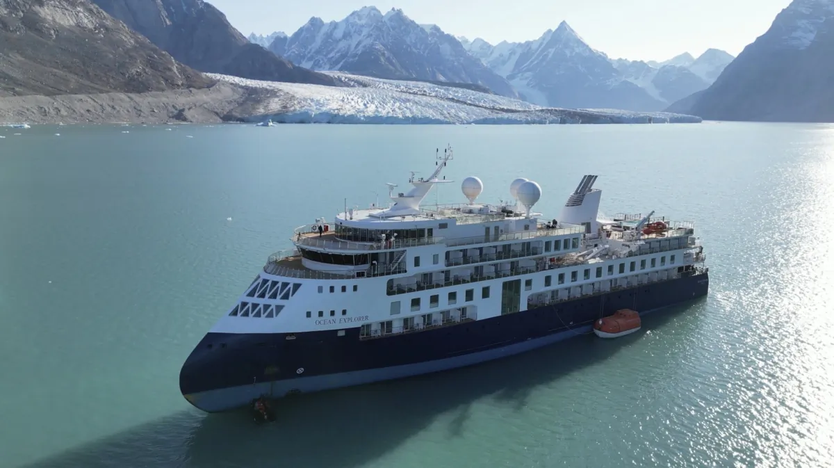 The Ocean Explorer, a Bahamas-flagged Norwegian cruise ship with 206 passengers and crew, which has run aground in northwestern Greenland on Sept. 12, 2023. (SIRIUS/Joint Arctic Command via AP)
