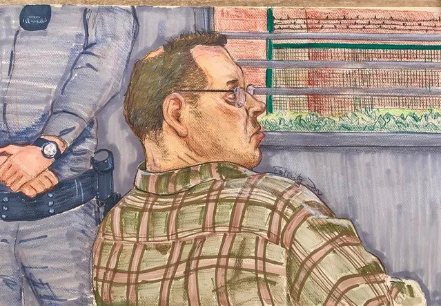 Allan Schoenborn is shown in this sketch attending a British Columbia Review Board in Coquitlam, B.C. on March 12, 2020. (The Canadian Press/Felicity Don)