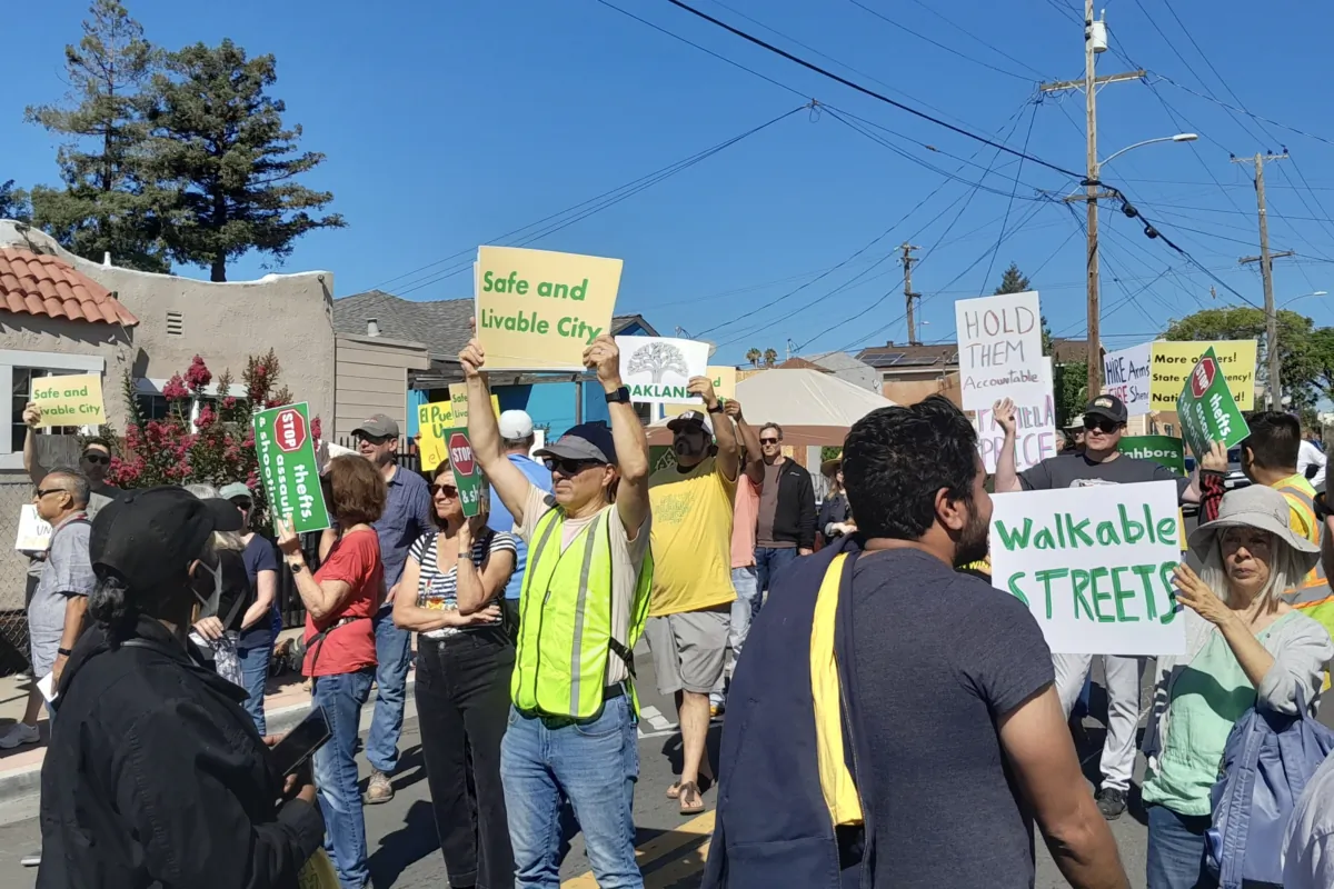 Locals concerned about public safety issues gather outside of a "Community Safety" meeting attended by local government and law enforcement officials, at the Genesis Worship Center in East Oakland, Calif., on Sept. 9, 2023. (Travis Gillmore/The Epoch Times)