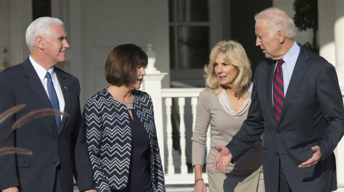 Then-Vice President Joe Biden and his wife, Jill, meet with then-Vice President-elect Mike Pence(L) and his wife, Karen, on Nov. 16, 2016. (Saul Loeb/AFP via Getty Images)