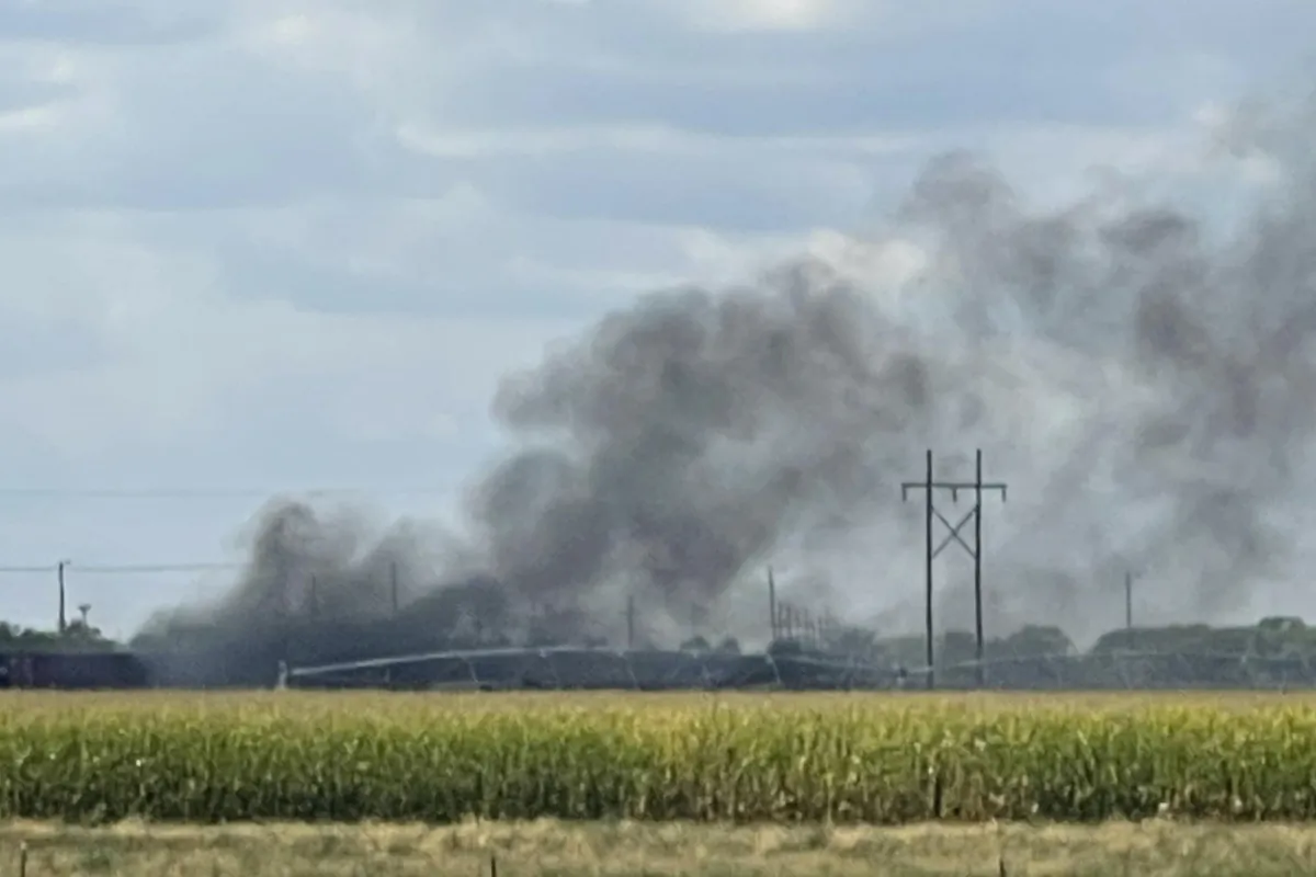 Smoke rises after an explosion at Union Pacific's Bailey Yard in North Platte, Neb., on Sept. 14, 2023. (Melanie Standiford/Midwest Media via AP)