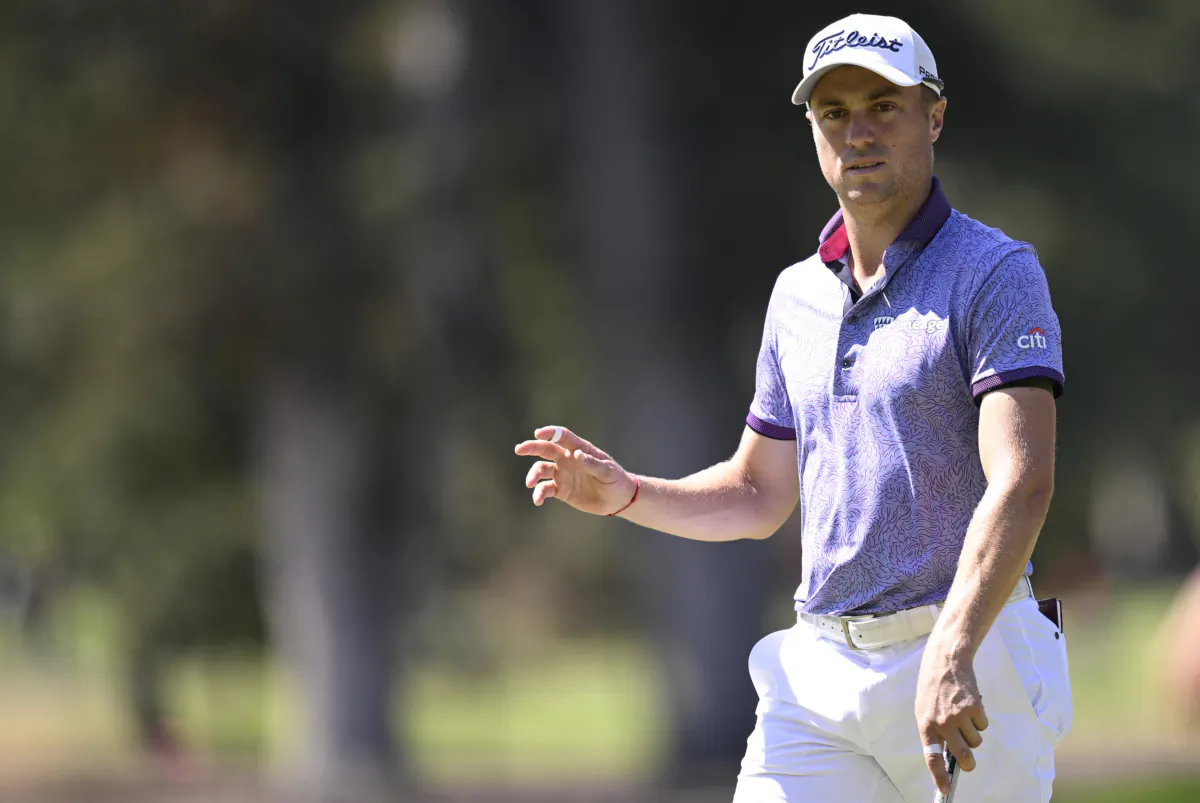 Justin Thomas of the United States waves on the seventh green during the first round of the Fortinet Championship at Silverado Resort and Spa in Napa, Calif., on Sept. 14, 2023. (Orlando Ramirez/Getty Images)