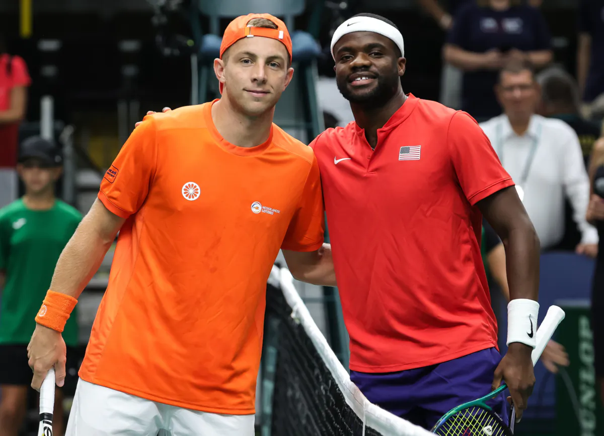 Tallon Griekspoor (L) of Netherlands and Frances Tiafoe of USA pose for a photo prior to the 2023 Davis Cup Finals Group D Stage match between Netherlands and USA at Arena Gripe Sports Centre in Split, Croatia, on Sept. 14, 2023. (Srdjan Stevanovic/Getty Images for ITF)