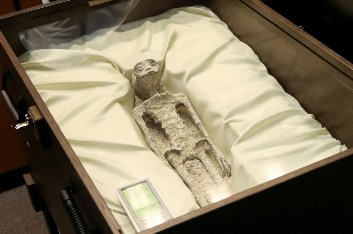 Remains of an allegedly "non-human" being on display during a briefing on unidentified flying objects, known as UFOs, at the San Lazaro legislative palace in Mexico City on Sept. 12, 2023. (Henry Romero/Reuters)
