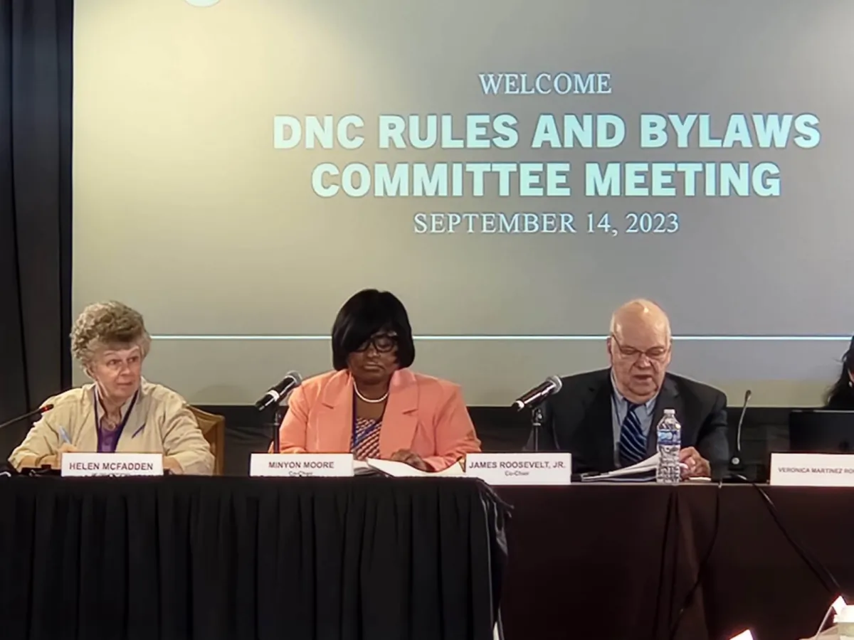 The Democratic National Committee’s Rules and Bylaws Committee voted to extend New Hampshire's primary schedule deadline at a meeting in Washington on Sept. 14, 2023. (Jeff Louderback/Epoch Times)