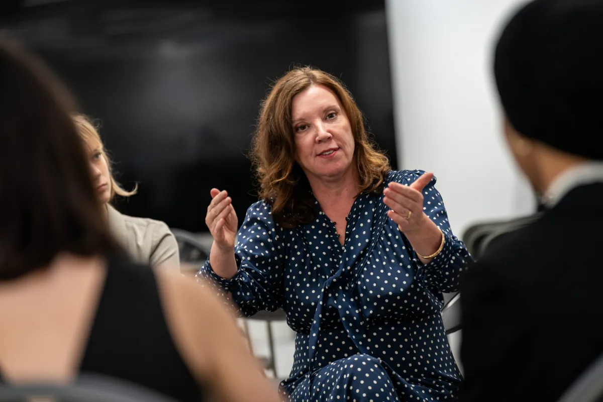 Children's Commissioner for England Dame Rachel de Souza talks to children at Harris Westminster Sixth Form in London on Sept. 14, 2023 (Aaron Chown/PA Wire)
