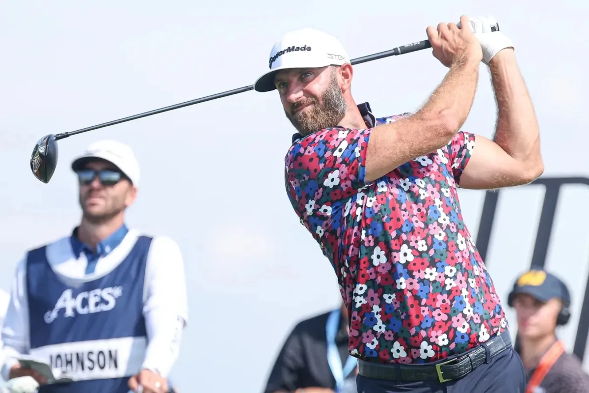 Dustin Johnson plays his shot from the first tee during the first round of the LIV Golf Bedminster golf tournament at Trump National Bedminster in Bedminster, N.J., on Aug. 11, 2023. (Vincent Carchietta/USA TODAY Sports via Field Level Media)