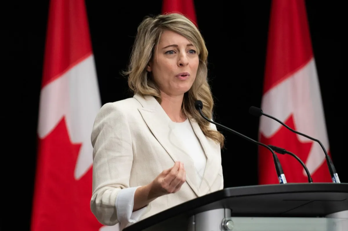 Minister of Foreign Affairs Mélanie Joly delivers remarks at the Global Heads of Mission Meeting in Ottawa, on June 7, 2023. (The Canadian Press/Spencer Colby)