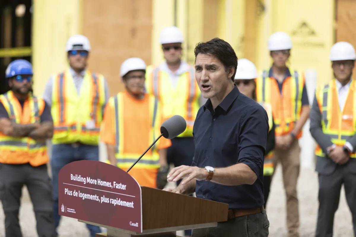 Prime Minister Justin Trudeau holds a press conference at the construction site of an affordable housing project in London, Ont., on Sept. 13, 2023. (The Canadian Press/Nicole Osborne)