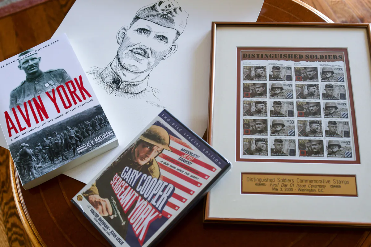 A book, a movie, a sketch, and postal stamps featuring America’s beloved Sgt. Alvin York on display in Alexandria, Virginia. (AFP/Getty Images)