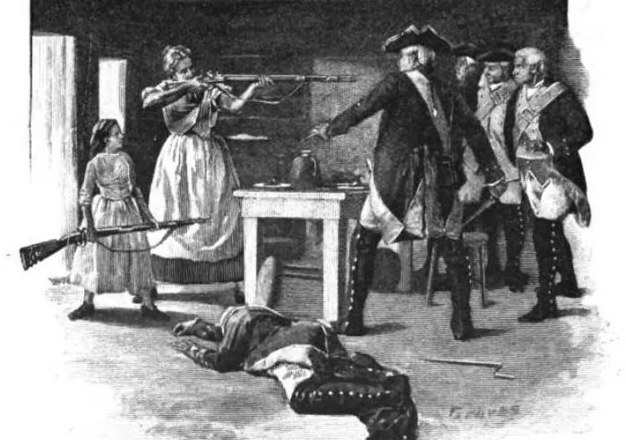 Illustration of Nancy Hart facing the Tories. Stories of Georgia by Joel Chandler Harris. American Book Company, 1896. (Public Domain)