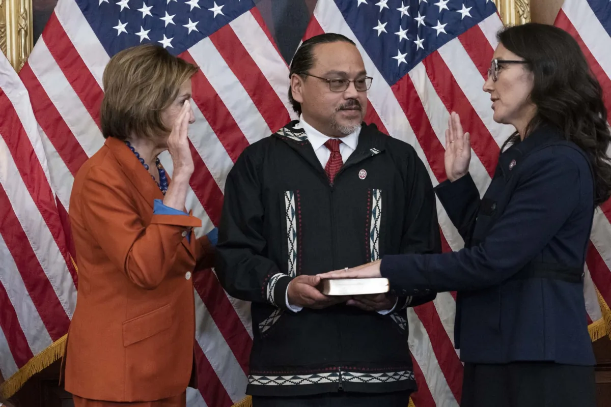 House Speaker Nancy Pelosi (D-Calif.) administers the House oath of office to Rep. Mary Peltola (D-Alaska) during a ceremonial swearing-in on Capitol Hill in Washington on Sept. 13, 2022. (Jose Luis Magana/AP Photo)