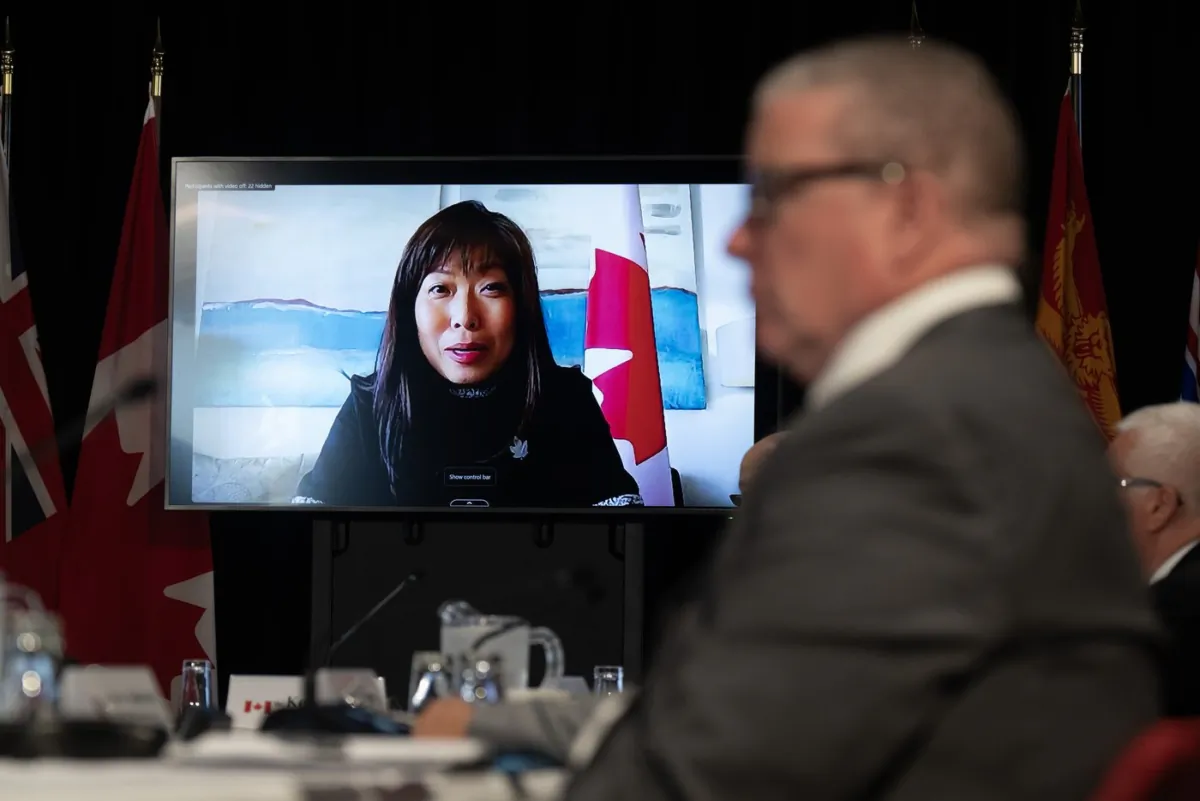 Minister Mary Ng delivers opening remarks to a meeting with her provincial counterparts via videoconference in Ottawa on Sept. 15, 2023. (The Canadian Press/Adrian Wyld)