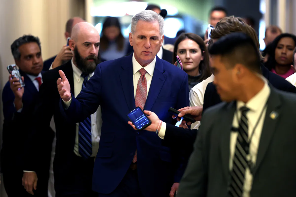 Speaker of the House Kevin McCarthy (R-Calif.) speaks to reporters as he leaves a House Republican caucus meeting at the U.S. Capitol on Sept. 14, 2023. (Kevin Dietsch/Getty Images)
