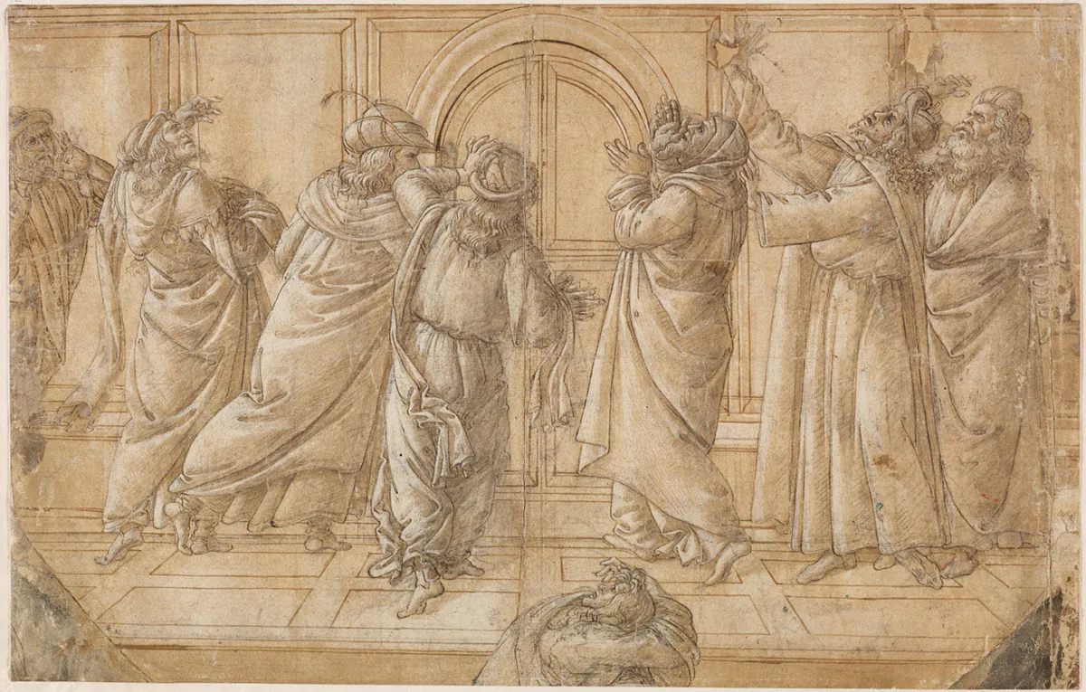 "The Devout Jews at Pentecost," circa 1505, by Sandro Botticelli. Black chalk, pen and brown ink, brown wash, highlighted with white gouache on paper; 9 1/8 inches by 14 3/8 inches. Hessisches Landesmuseum Darmstadt, Germany. (Courtesy of Legion of Honor)