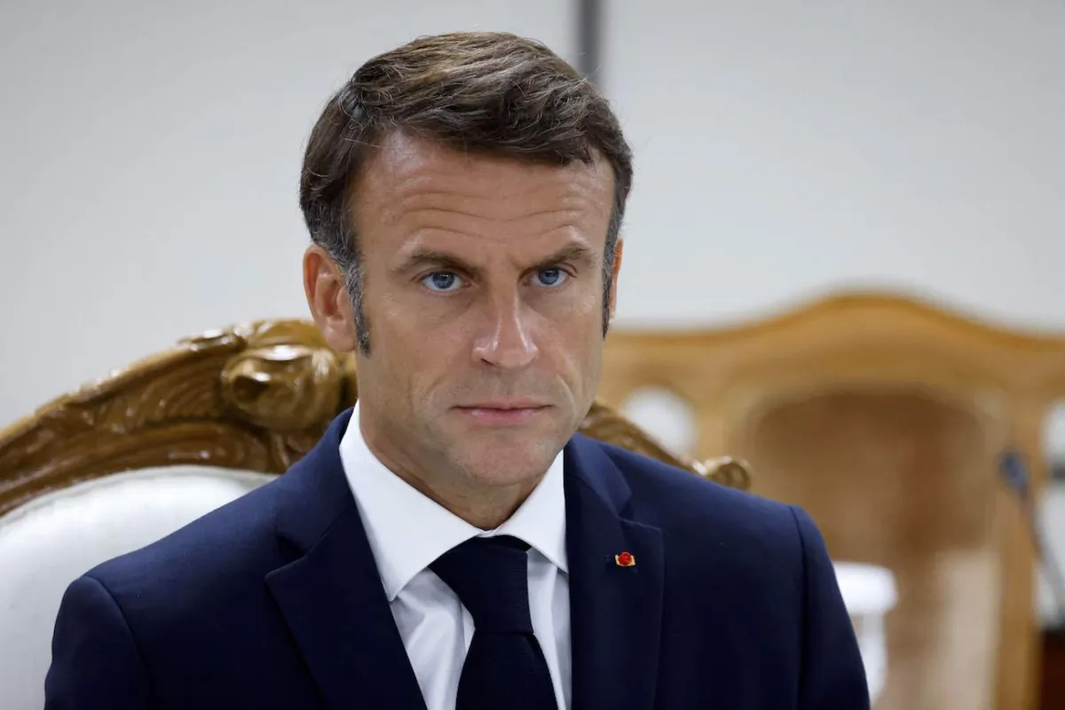 French President Emmanuel Macron at the Bangladesh Prime Minister's office in Dhaka on Sept. 11, 2023. (Ludovic Marin/AFP via Getty Images)