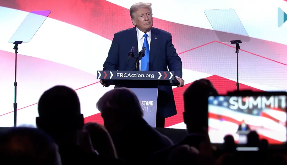 President Donald Trump speaks at the Pray, Vote, Stand Summit in Washington, D.C., on Sept. 15, 2023 (Screen Capture courtesy of Family Research Council)