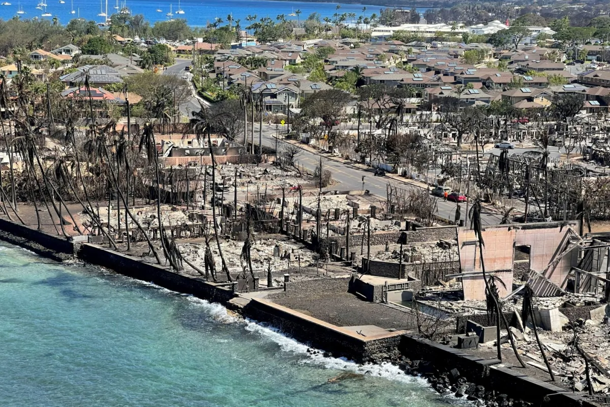 The shells of burned houses and other buildings are left after wildfires driven by high winds burned across most of the town in Lahaina, Maui, Hawaii, on Aug. 11, 2023. (Hawai'i Department of Land and Natural Resources/Handout via Reuters)