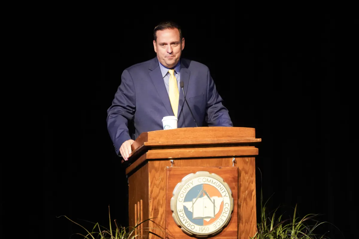 Orange County Executive Steve Neuhaus delivered opening remarks during the second annual county economic summit at SUNY Orange in Middletown, N.Y., on Sept. 15, 2023 . (Cara Ding/The Epoch Times)
