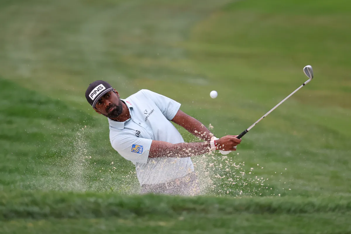 Sahith Theegala of the United States plays a shot from a bunker on the 11th hole during the second round of the Fortinet Championship at Silverado Resort and Spa in Napa, Calif., on Sept. 15, 2023. (Jed Jacobsohn/Getty Images)