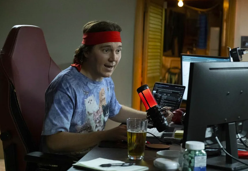 Paul Dano as Keith Gill in a scene from “Dumb Money.” (Claire Folger/Sony Pictures)