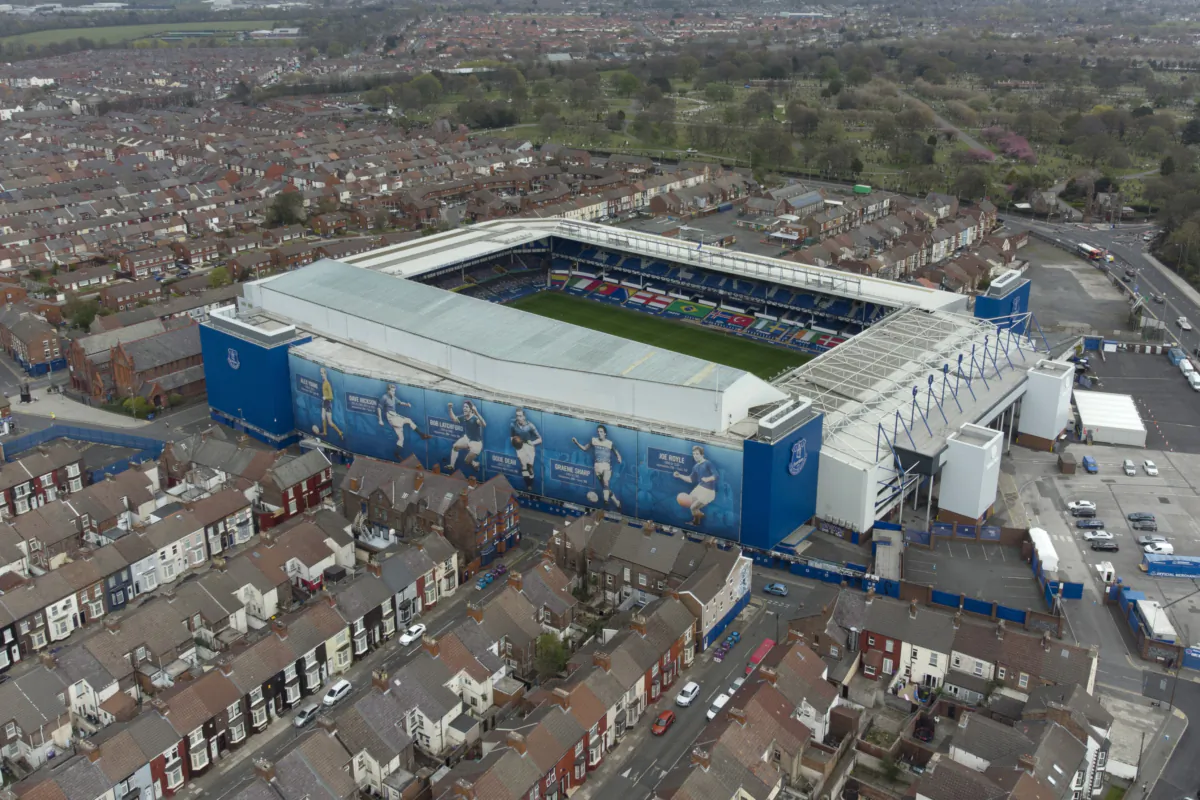 Everton's Goodison Park Stadium in Liverpool, England, on April 21, 2021. (Jon Super/AP Photo)