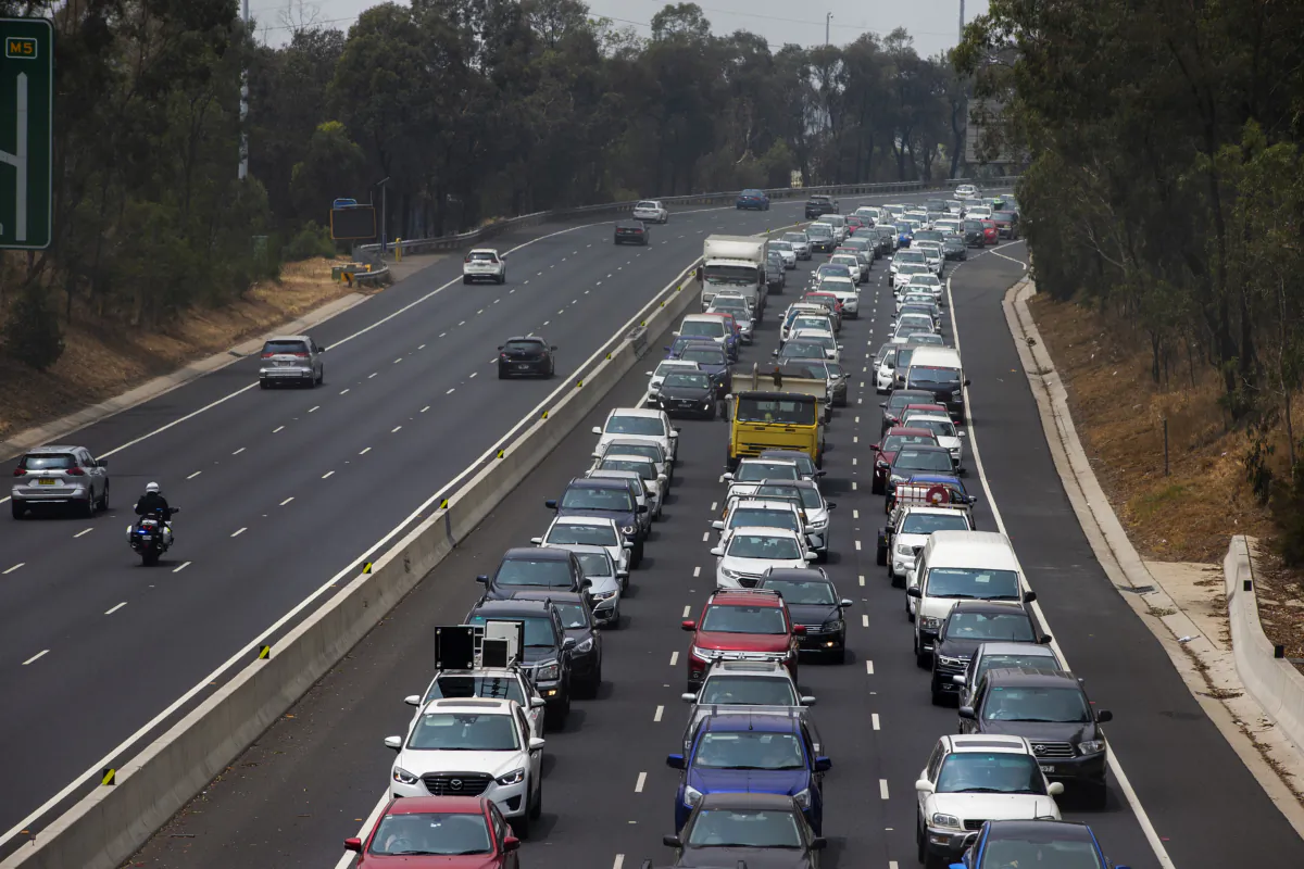 Traffic is seen at a standstill on the M5 motorway westbound,  in Sydney, Australia, on Jan. 5, 2020. (Jenny Evans/Getty Images)