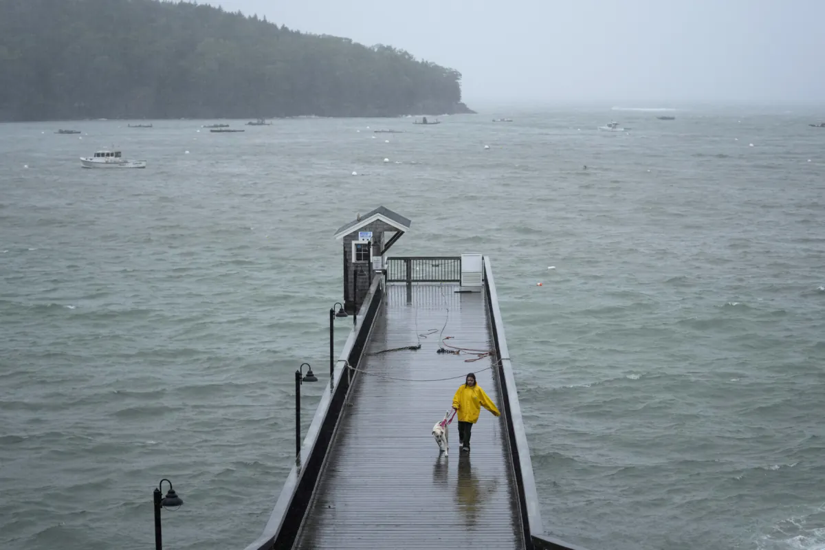 A girl braves wet and windy conditions to walk her dog on a pier during storm Lee, in Bar Harbor, Maine, on Sept. 16, 2023. (Robert F. Bukaty/AP Photo)