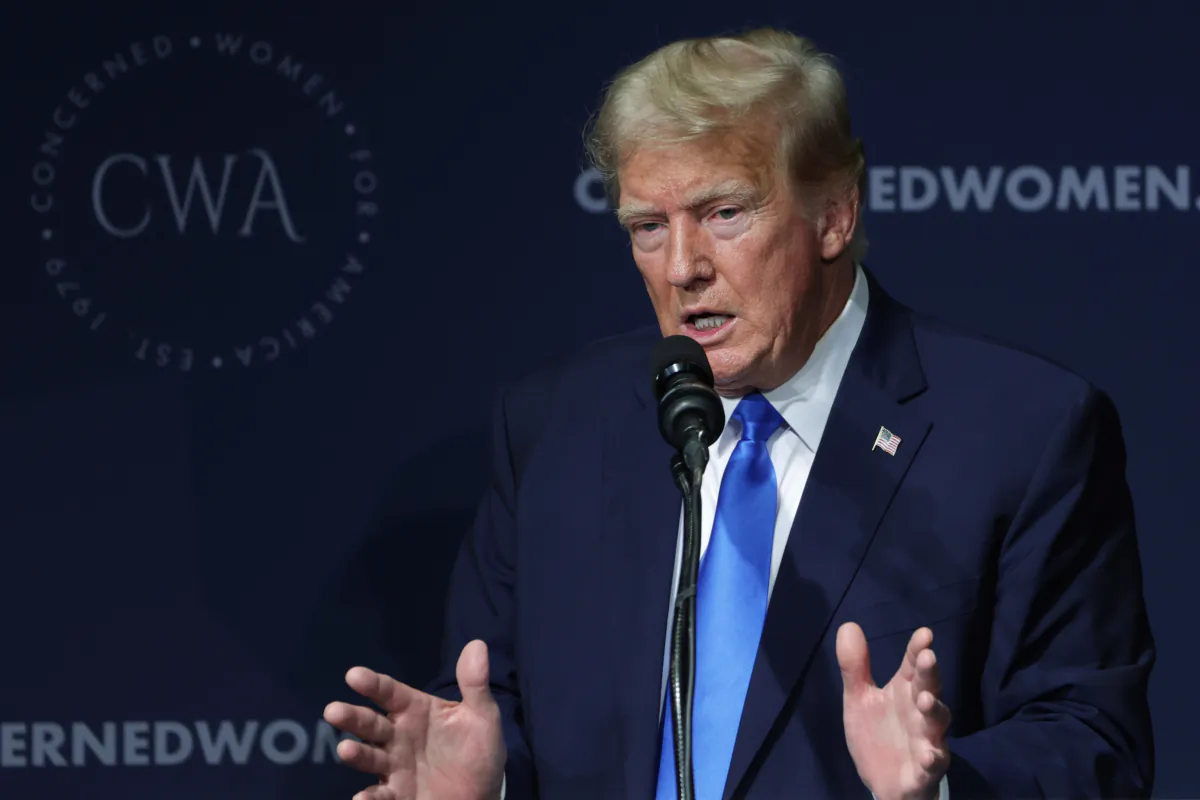 Former President Donald Trump addresses the Concerned Women for America Legislative Action Committee in Washington on Sept. 15, 2023. (Alex Wong/Getty Images)